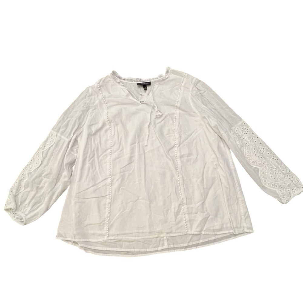 Lane Bryant White Floral Eyelet Long Sleeve Tie Neck 20 Boho Cottagecore NEW